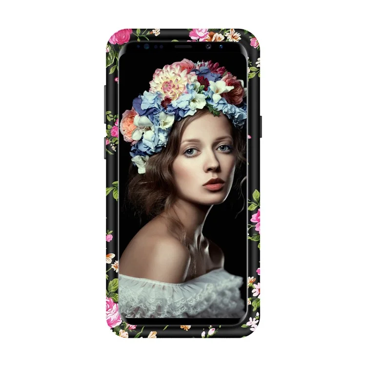 Rose Pattern 2-in-1 Heavy Duty PC + Silicone Hybrid Shockproof Back Cover for Samsung Galaxy S9 Plus SM-G965 - Black