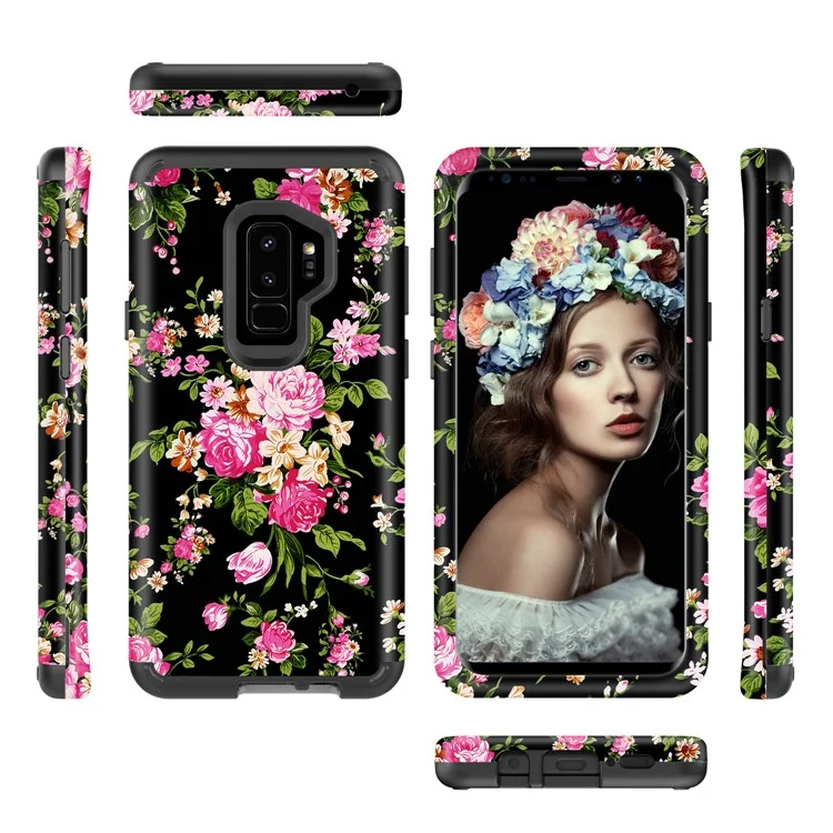 Rose Pattern 2-in-1 Heavy Duty PC + Silicone Hybrid Shockproof Back Cover for Samsung Galaxy S9 Plus SM-G965 - Black
