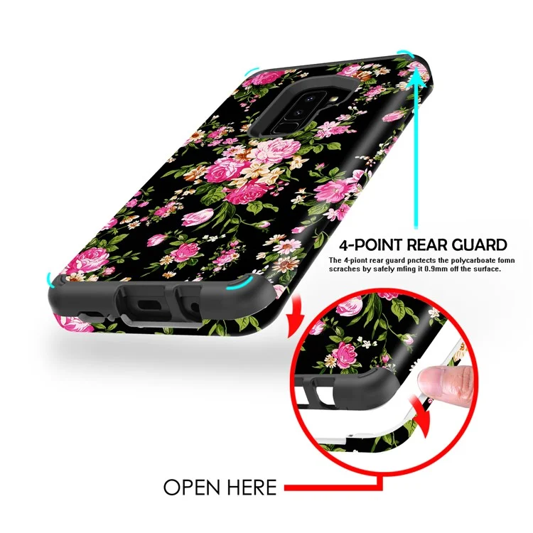 Rose Pattern 2-in-1 Heavy Duty PC + Silicone Hybrid Shockproof Back Cover for Samsung Galaxy S9 Plus SM-G965 - Black