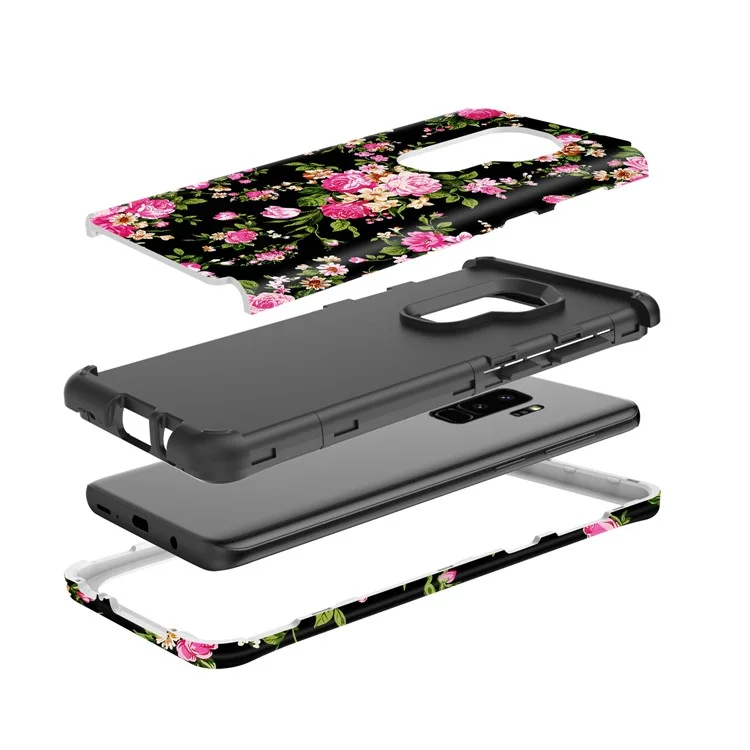 Rose Pattern 2-in-1 Heavy Duty PC + Silicone Hybrid Shockproof Back Cover for Samsung Galaxy S9 Plus SM-G965 - Black
