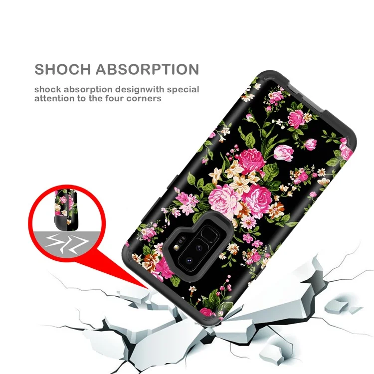 Rose Pattern 2-in-1 Heavy Duty PC + Silicone Hybrid Shockproof Back Cover for Samsung Galaxy S9 Plus SM-G965 - Black