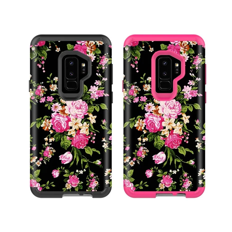 Rose Pattern 2-in-1 Heavy Duty PC + Silicone Hybrid Shockproof Back Cover for Samsung Galaxy S9 Plus SM-G965 - Black