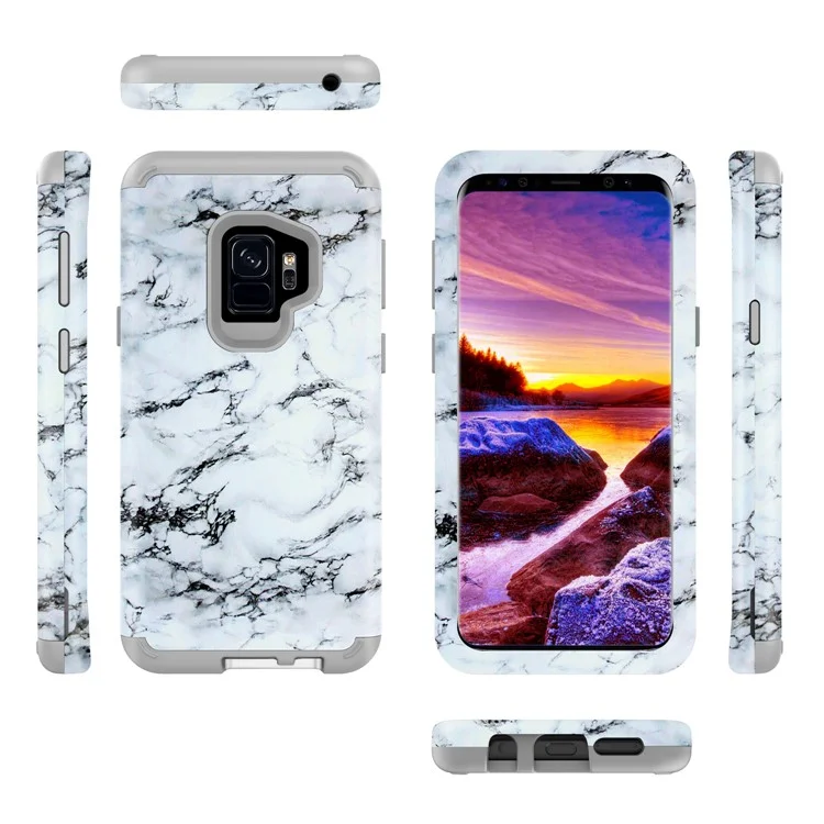 White and Black Marble Pattern 2-in-1 Heavy Duty PC + Silicone Hybrid Shockproof Back Cover for Samsung Galaxy S9 SM-G960
