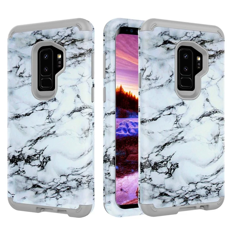 White and Black Marble Pattern 2-in-1 Heavy Duty PC + Silicone Hybrid Shockproof Back Cover for Samsung Galaxy S9 Plus SM-G965