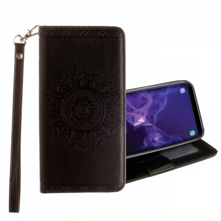 Imprint Mandala Flower Stand Wallet Leather Case for Samsung Galaxy S9 SM-G960 - Black