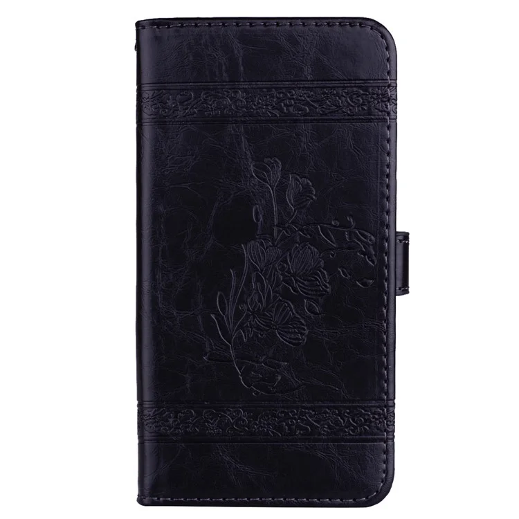 Imprinted Flower Oil Wax Wallet Leather Case for Samsung Galaxy A8 Plus (2018) - Black