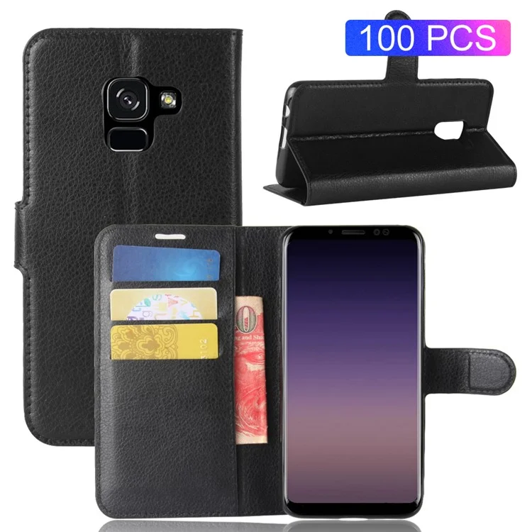 100Pcs/Set Litchi Grain Wallet Stand Leather Case for Samsung Galaxy A8 (2018) - Black