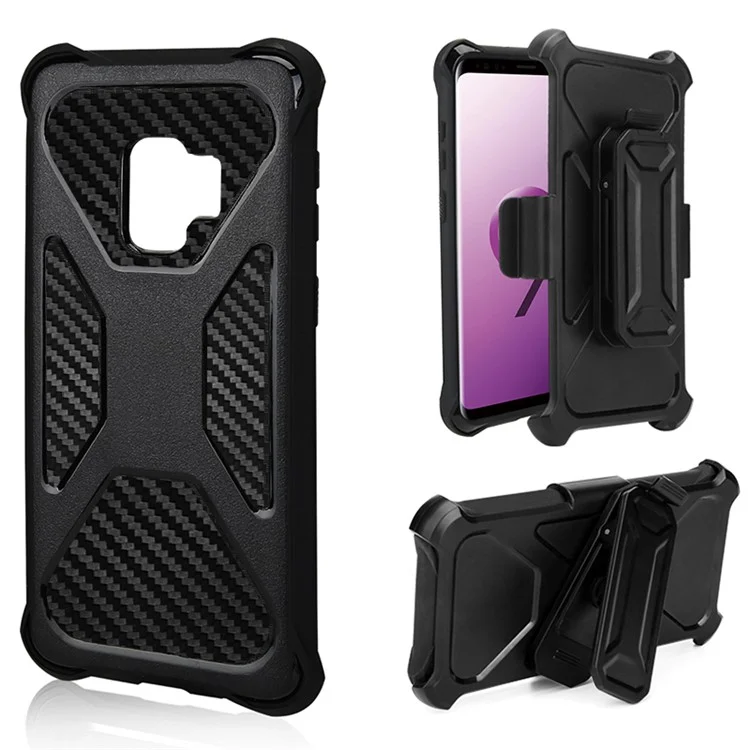 For Samsung Galaxy S9 SM-G960 Heavy Duty Belt Clip Carbon Fiber Texture PC + TPU Hybrid Kickstand Case - Black