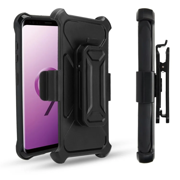 For Samsung Galaxy S9 SM-G960 Heavy Duty Belt Clip Carbon Fiber Texture PC + TPU Hybrid Kickstand Case - Black