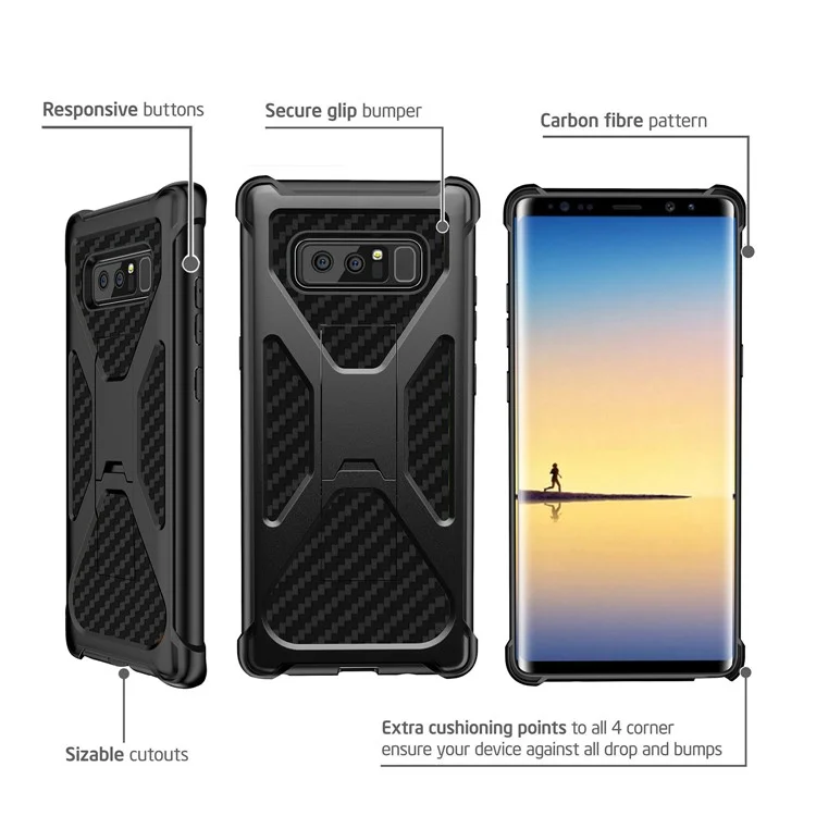 Heavy Duty Kickstand Belt Clip Carbon Fiber Texture PC + TPU Hybrid Case for Samsung Galaxy Note 8 SM-N950 - Black