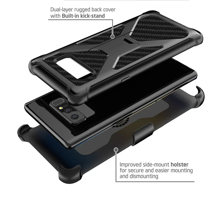 Heavy Duty Kickstand Belt Clip Carbon Fiber Texture PC + TPU Hybrid Case for Samsung Galaxy Note 8 SM-N950 - Black