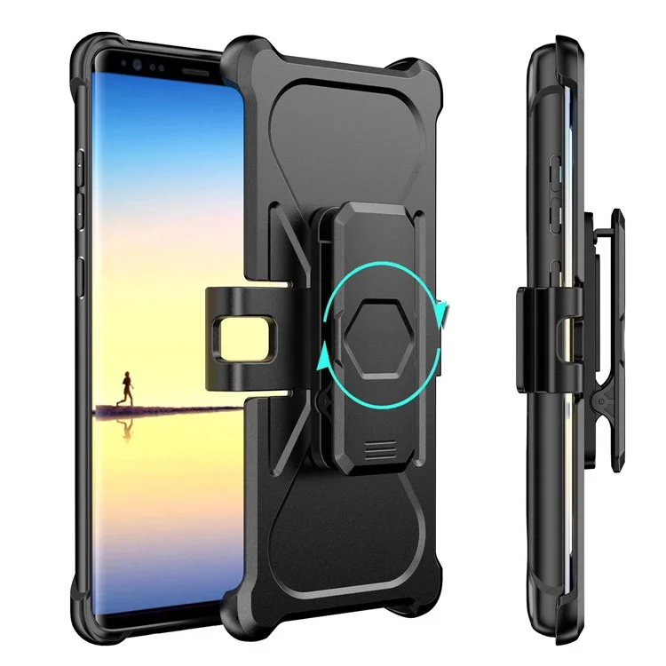 Heavy Duty Kickstand Belt Clip Carbon Fiber Texture PC + TPU Hybrid Case for Samsung Galaxy Note 8 SM-N950 - Black