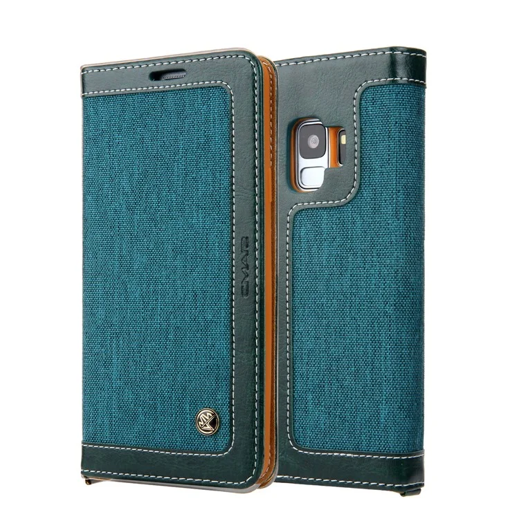 CMAI2 Jeans Cloth Leather Stand Flip Case with Hand Strap for Samsung Galaxy S9 SM-G960 - Green