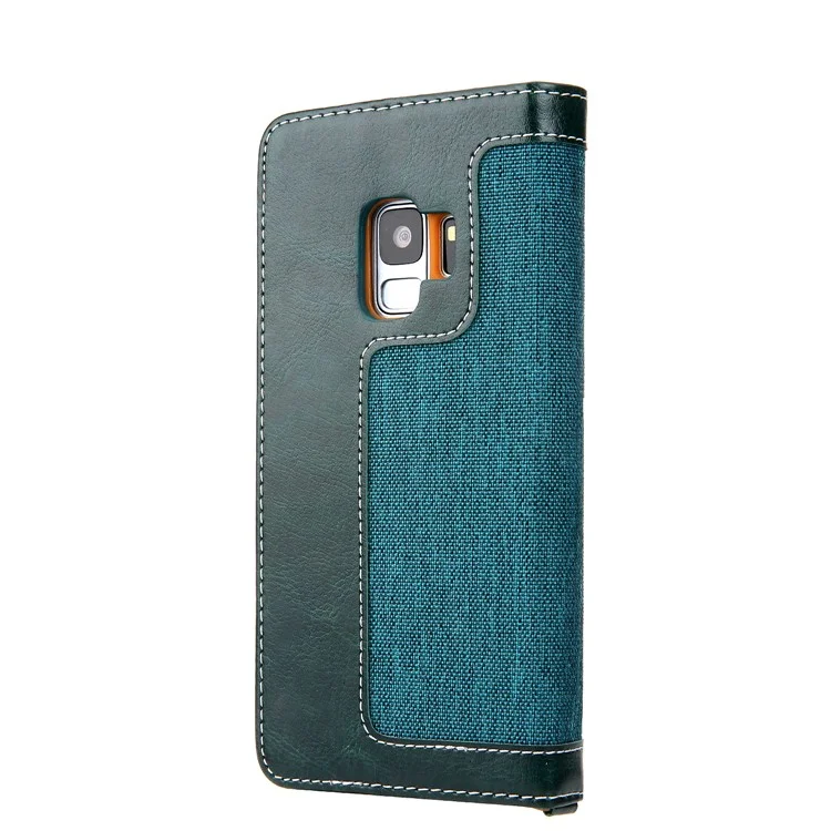 CMAI2 Jeans Cloth Leather Stand Flip Case with Hand Strap for Samsung Galaxy S9 SM-G960 - Green