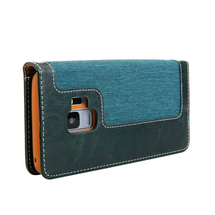 CMAI2 Jeans Cloth Leather Stand Flip Case with Hand Strap for Samsung Galaxy S9 SM-G960 - Green