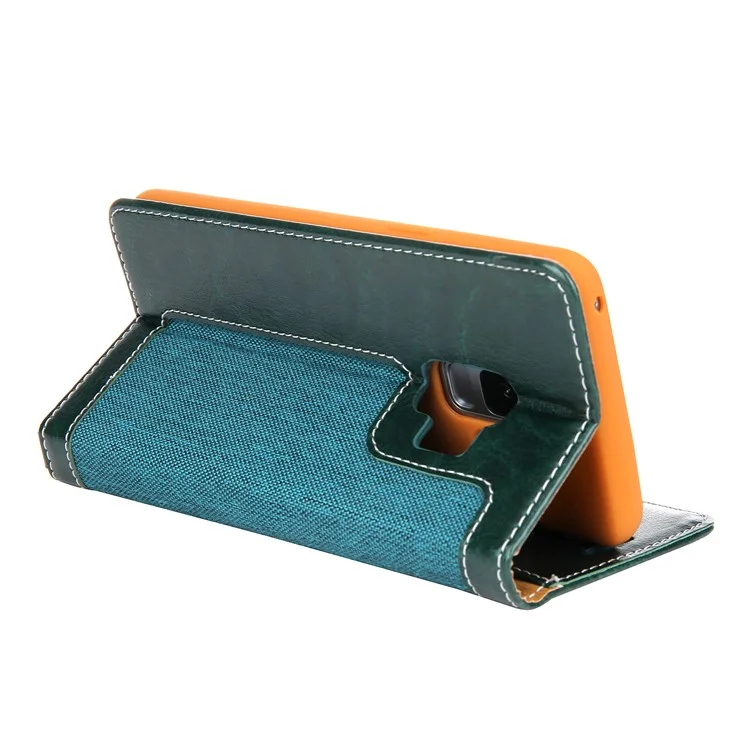 CMAI2 Jeans Cloth Leather Stand Flip Case with Hand Strap for Samsung Galaxy S9 SM-G960 - Green