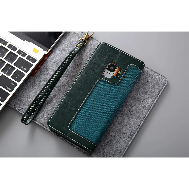 CMAI2 Jeans Cloth Leather Stand Flip Case with Hand Strap for Samsung Galaxy S9 SM-G960 - Green