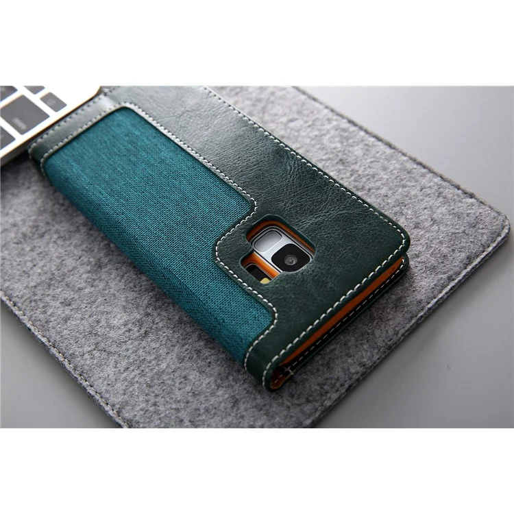 CMAI2 Jeans Cloth Leather Stand Flip Case with Hand Strap for Samsung Galaxy S9 SM-G960 - Green