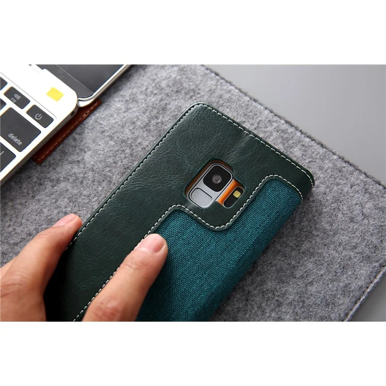 CMAI2 Jeans Cloth Leather Stand Flip Case with Hand Strap for Samsung Galaxy S9 SM-G960 - Green