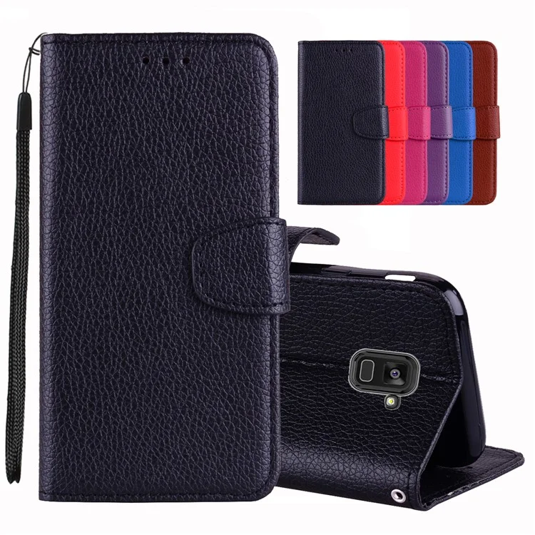 Litchi Grain PU Leather Stand Wallet Phone Case for Samsung Galaxy A8 (2018) - Black