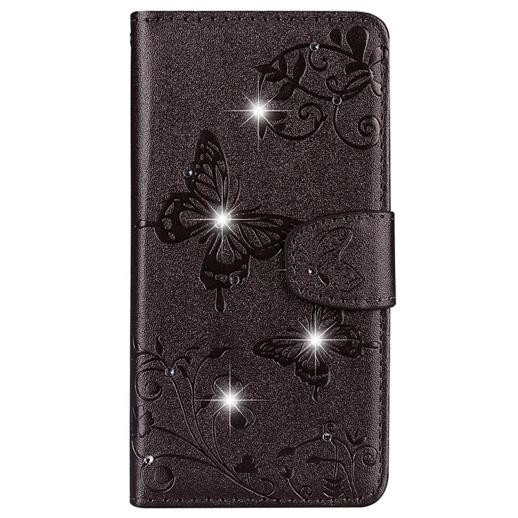 Imprinted Butterfly Flower Pattern Rhinestone Decoration Wallet Leather Case with Mirror for Samsung Galaxy A5 (2017) SM-A520 - Black