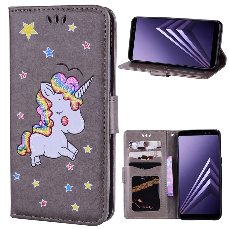 Flash Powder Unicorn Pattern Leather Wallet Stand Phone Case for Samsung Galaxy A8 (2018) - Grey