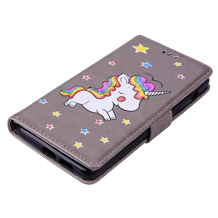 Flash Powder Unicorn Pattern Leather Wallet Stand Phone Case for Samsung Galaxy A8 (2018) - Grey
