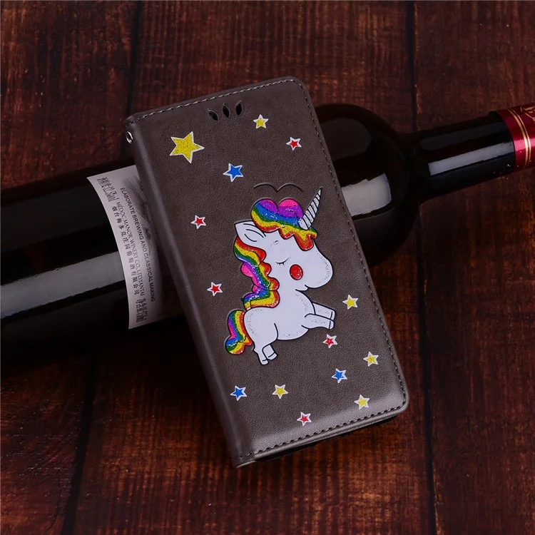 Flash Powder Unicorn Pattern Leather Wallet Stand Phone Case for Samsung Galaxy A8 (2018) - Grey