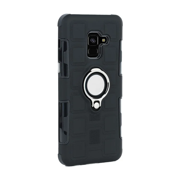 Geometric Pattern TPU PC Hybrid Case with Magnetic Car Mount Ring Holder for Samsung Galaxy A8 (2018) - Black