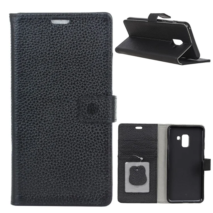 Litchi Grain Genuine Leather Wallet Stand Case for Samsung Galaxy A6 (2018) - Black