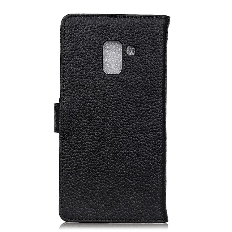 Litchi Grain Genuine Leather Wallet Stand Case for Samsung Galaxy A6 (2018) - Black