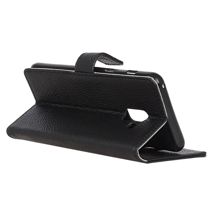 Litchi Grain Genuine Leather Wallet Stand Case for Samsung Galaxy A6 (2018) - Black