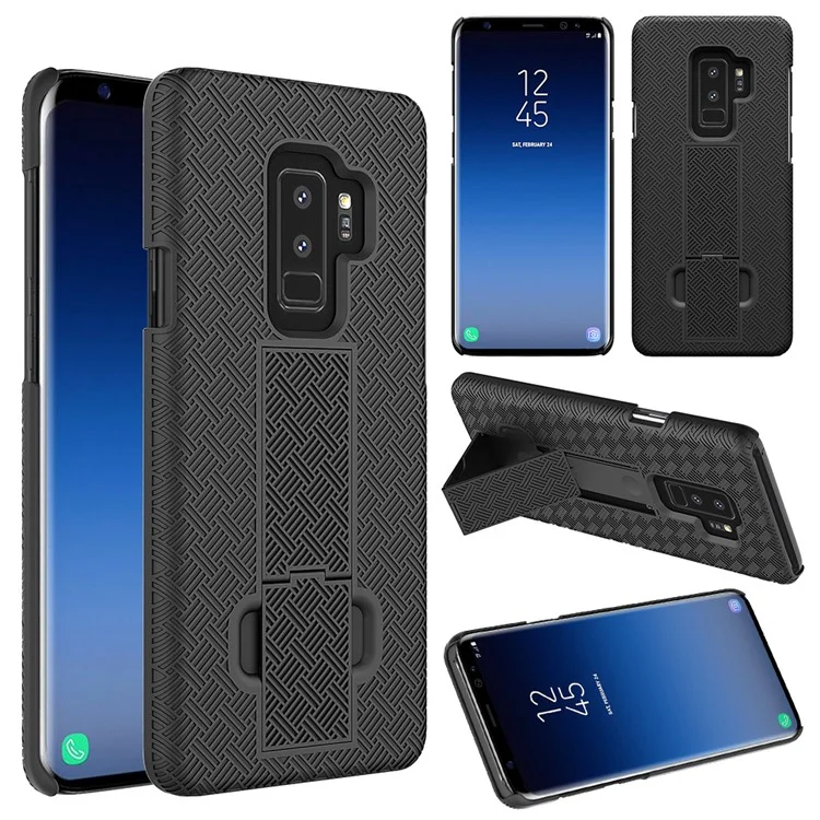 Woven Texture PC + TPU Swivel Belt Clip Holster Case for Samsung Galaxy S9+ SM-G965 - Black