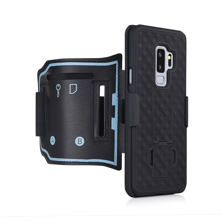 Woven Pattern Sport Armband Case with Kickstand for Samsung Galaxy S9 Plus SM-G965 - Black