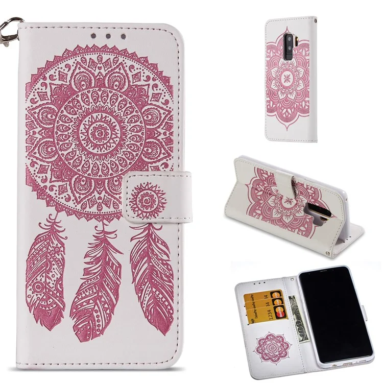 Imprint Dream Catcher Wallet Leather Stand Case for Samsung Galaxy S9+ SM-G965 - White / Pink