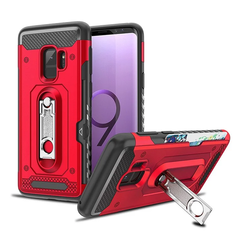 PC + TPU Hybrid Card Holder Case with Kickstand for Samsung Galaxy S9 SM-G960 - Red