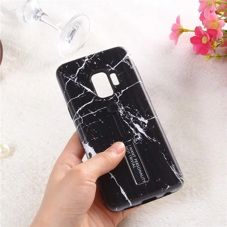 Embossment Marble Pattern TPU + PC Hybrid Phone Shell with Kickstand for Samsung Galaxy S9 SM-G960 - Black
