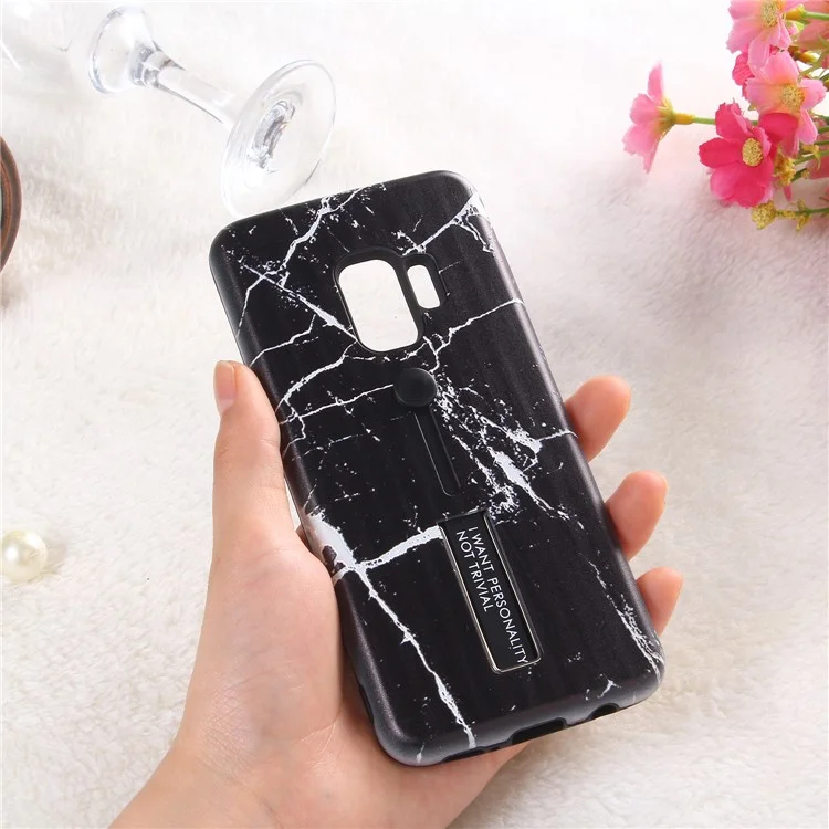 Embossment Marble Pattern TPU + PC Hybrid Phone Shell with Kickstand for Samsung Galaxy S9 SM-G960 - Black
