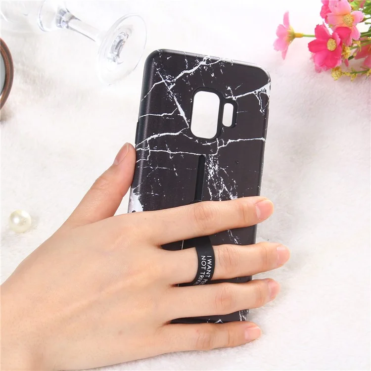 Embossment Marble Pattern TPU + PC Hybrid Phone Shell with Kickstand for Samsung Galaxy S9 SM-G960 - Black