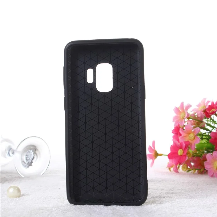 Embossment Marble Pattern TPU + PC Hybrid Phone Shell with Kickstand for Samsung Galaxy S9 SM-G960 - Black