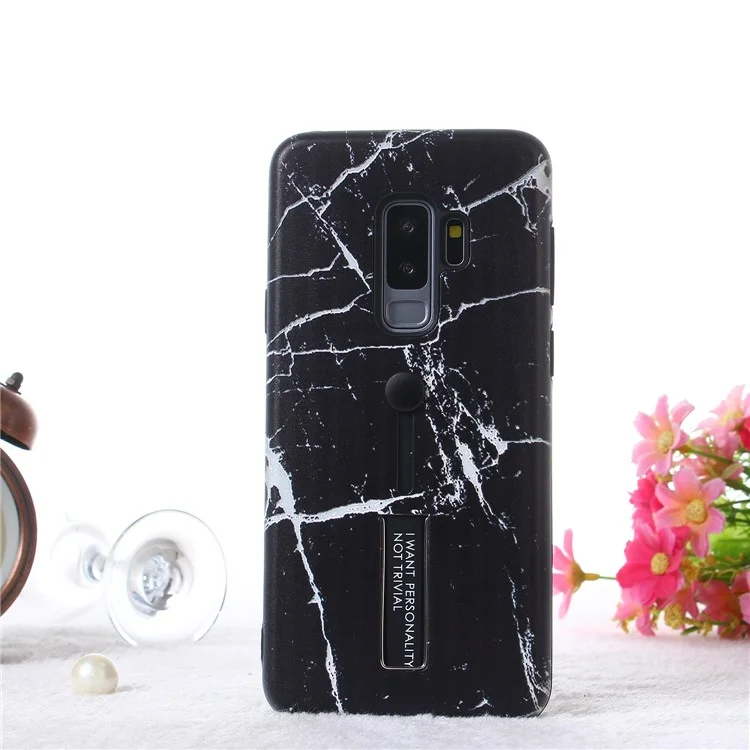 Embossment Marble Pattern TPU + PC Hybrid Phone Shell with Kickstand for Samsung Galaxy S9+ SM-G965 - Black
