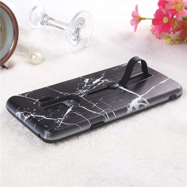 Embossment Marble Pattern TPU + PC Hybrid Phone Shell with Kickstand for Samsung Galaxy S9+ SM-G965 - Black