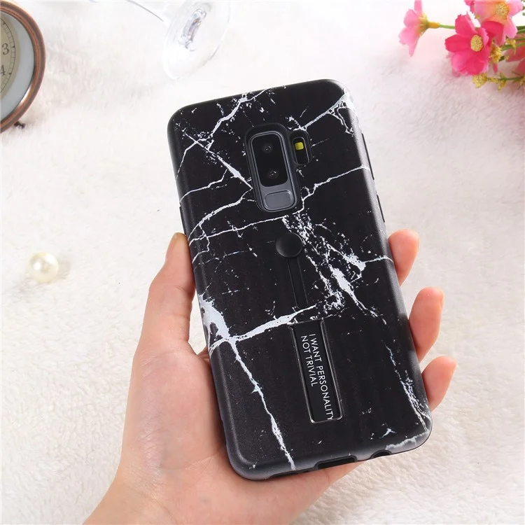 Embossment Marble Pattern TPU + PC Hybrid Phone Shell with Kickstand for Samsung Galaxy S9+ SM-G965 - Black
