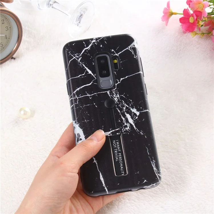Embossment Marble Pattern TPU + PC Hybrid Phone Shell with Kickstand for Samsung Galaxy S9+ SM-G965 - Black