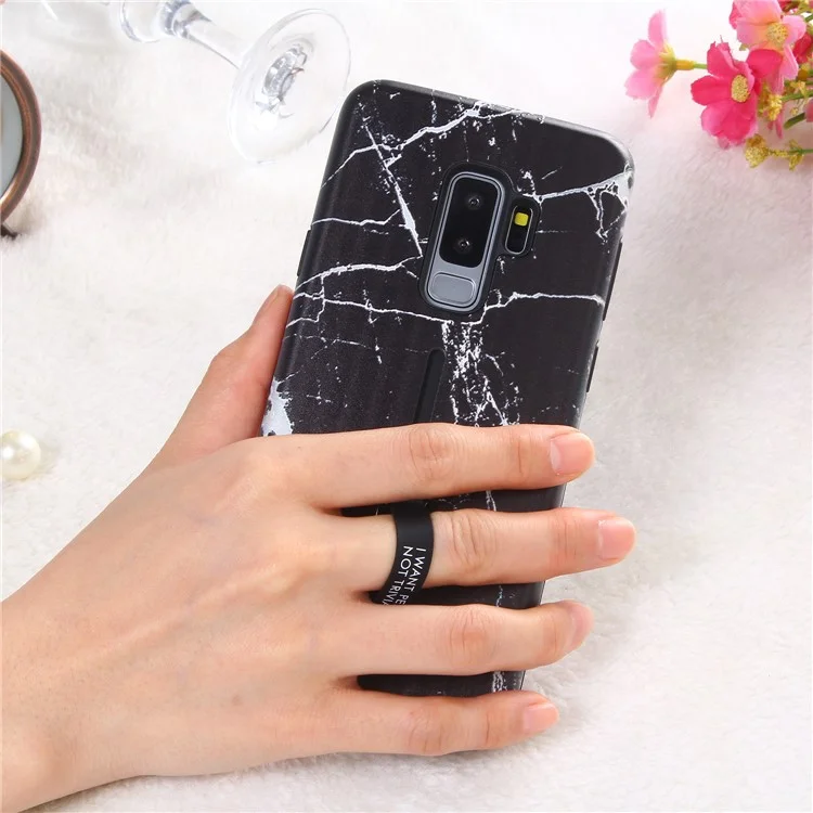 Embossment Marble Pattern TPU + PC Hybrid Phone Shell with Kickstand for Samsung Galaxy S9+ SM-G965 - Black