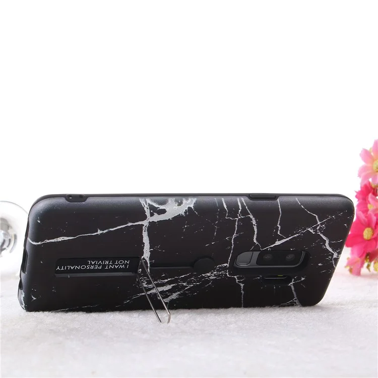 Embossment Marble Pattern TPU + PC Hybrid Phone Shell with Kickstand for Samsung Galaxy S9+ SM-G965 - Black