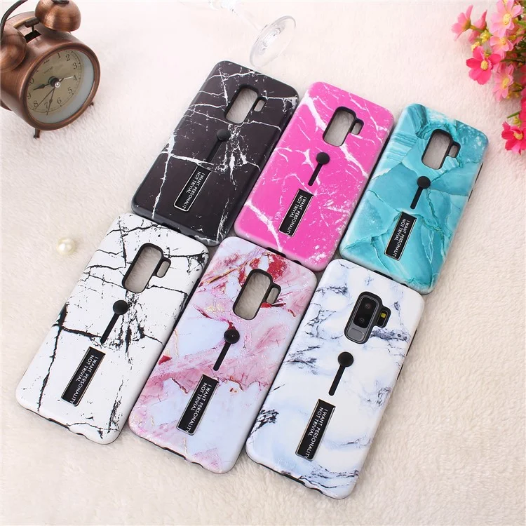 Embossment Marble Pattern TPU + PC Hybrid Phone Shell with Kickstand for Samsung Galaxy S9+ SM-G965 - Black