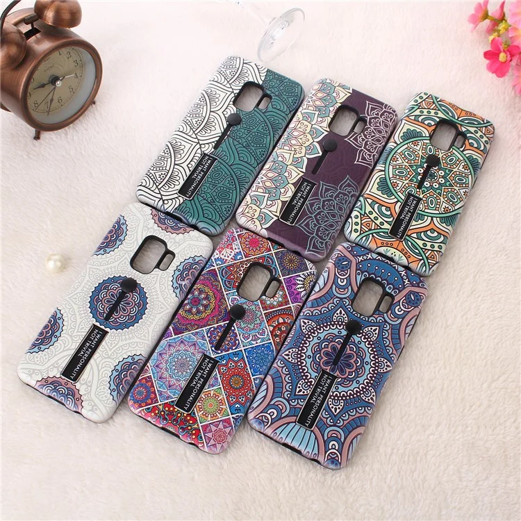Embossment Ethnic Pattern TPU + PC Hybrid Mobile Cover with Kickstand for Samsung Galaxy S9 SM-G960 - Blue/White