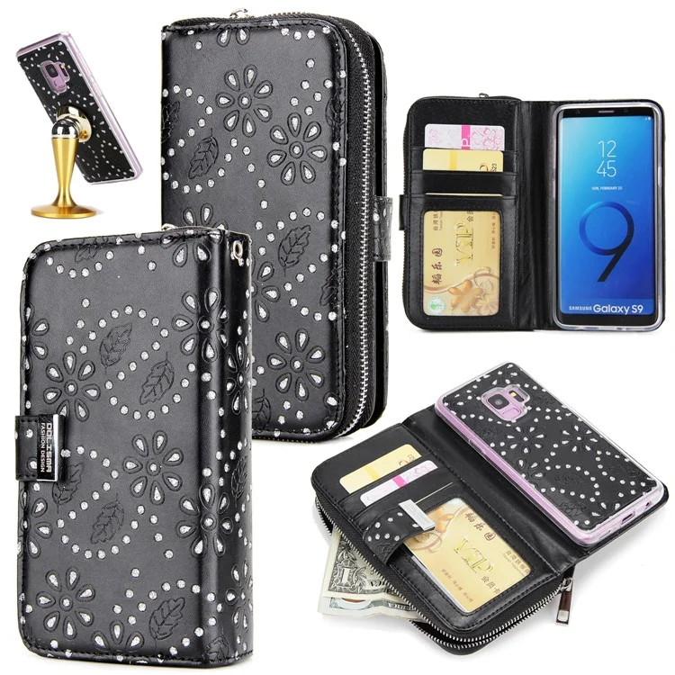 Glittery Flower Leaf Leather Wallet + Detachable TPU Back Case for Samsung Galaxy S9 G960 - Black