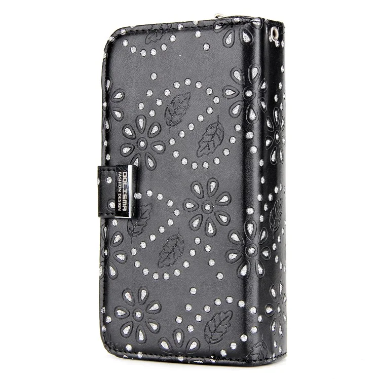 Glittery Flower Leaf Leather Wallet + Detachable TPU Back Case for Samsung Galaxy S9 G960 - Black